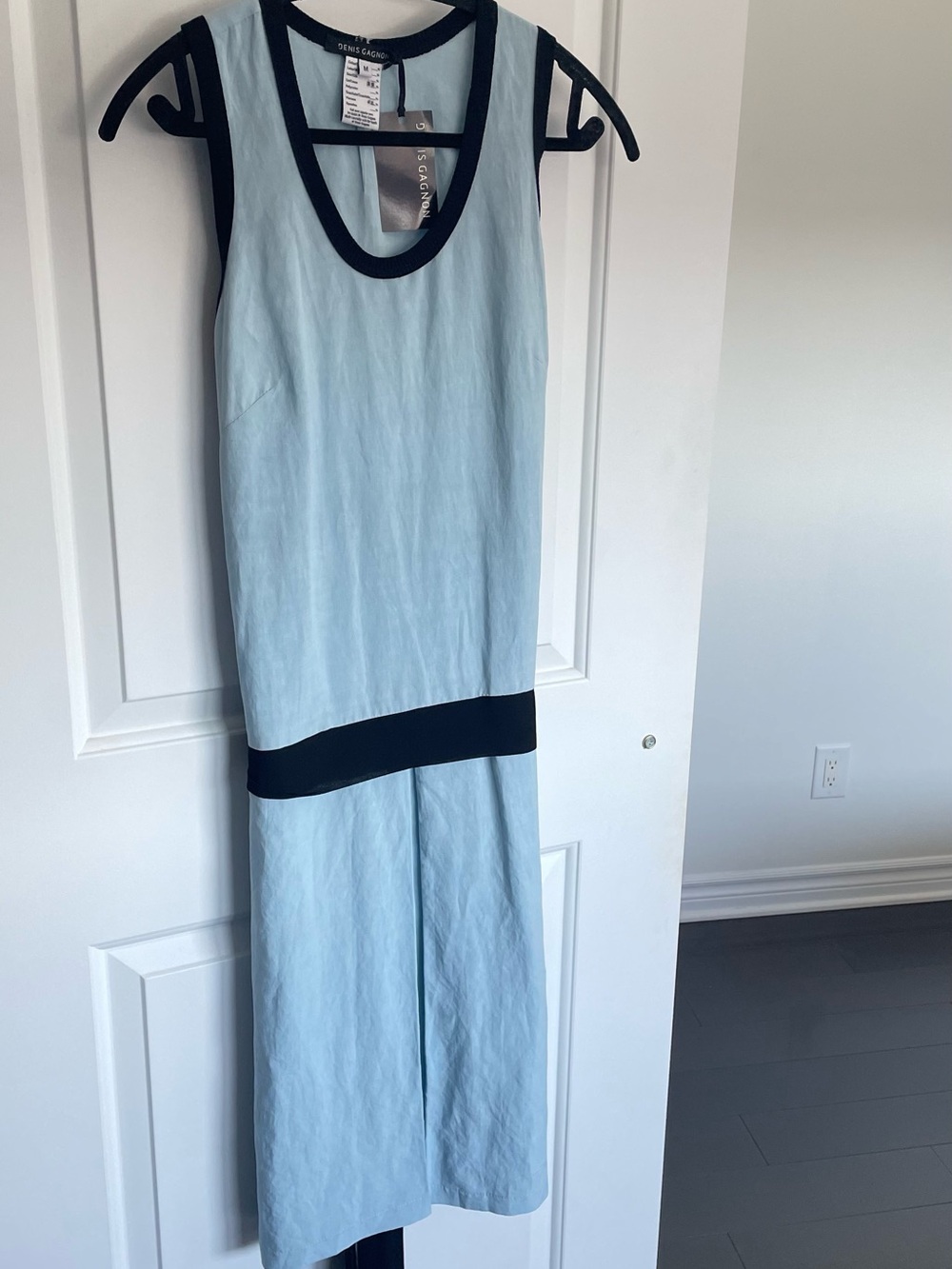 Denis Gagnon Light Blue Sleeveless Linen Dress with a Black Chiffon Sash